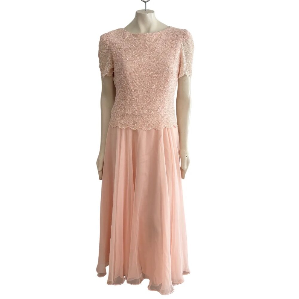 VTG 80s AFTER DARK Lace Chiffon 2 Piece Illusion Formal Maxi Dress  Peach  SZ M